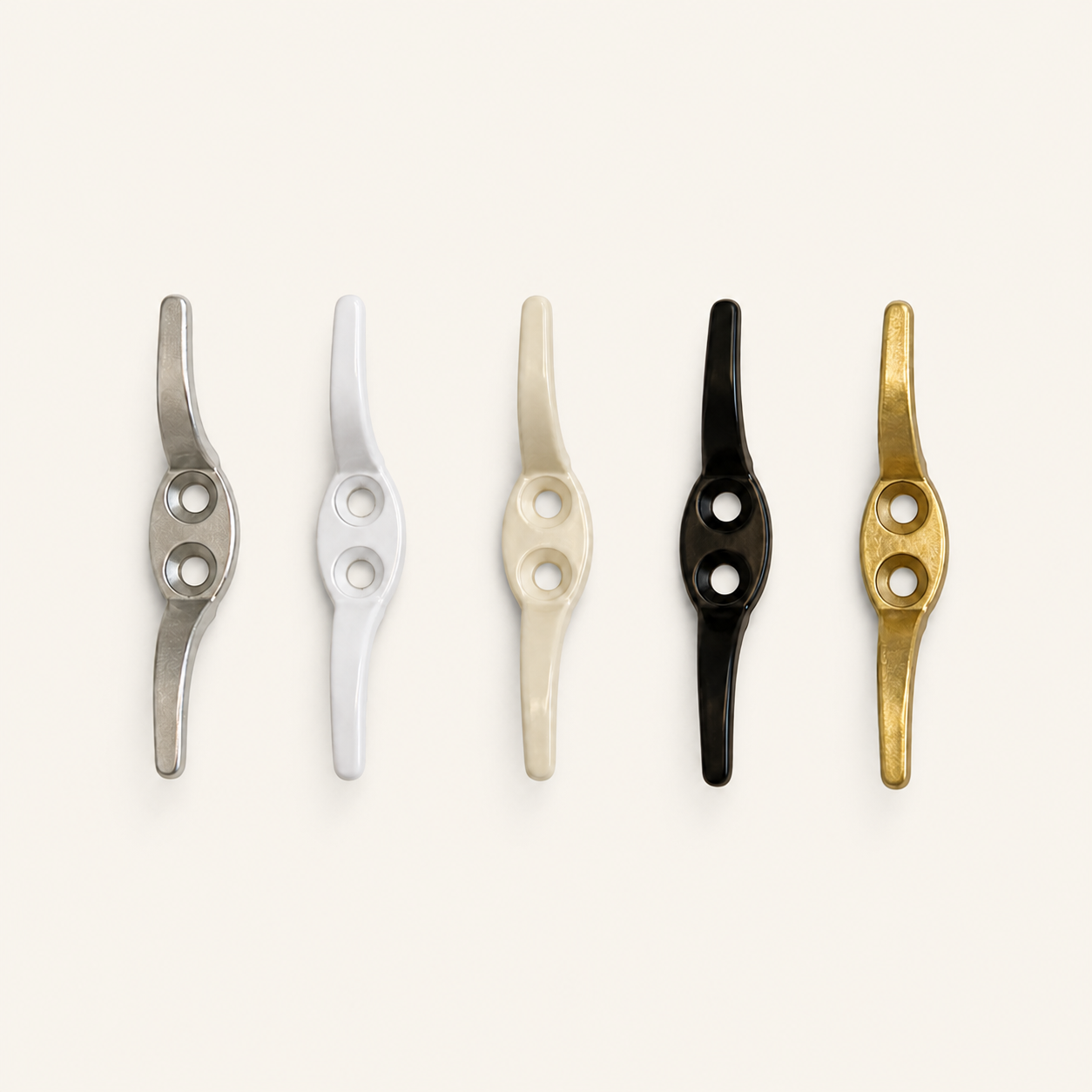 Five Roman blind cleats in silver, white, ivory, black and gold finishes